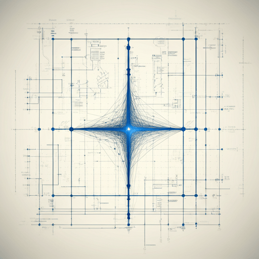 System blueprint diagram with structural lines and cobalt nodes
